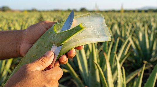 Auf einer Aloe Vera Plantage wird ein frisches Aloe Vera Blatt mit einem Messer aufgeschnitten und das Blattmark wird freigelegt.
