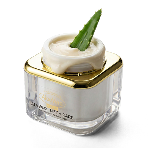 Alvego Lift und Care High Tech Anti Aging Tagespflege im eleganten Tiegel. Ein Aloe Vera Blatt ist in den geöffneten Tiegel gesteckt
