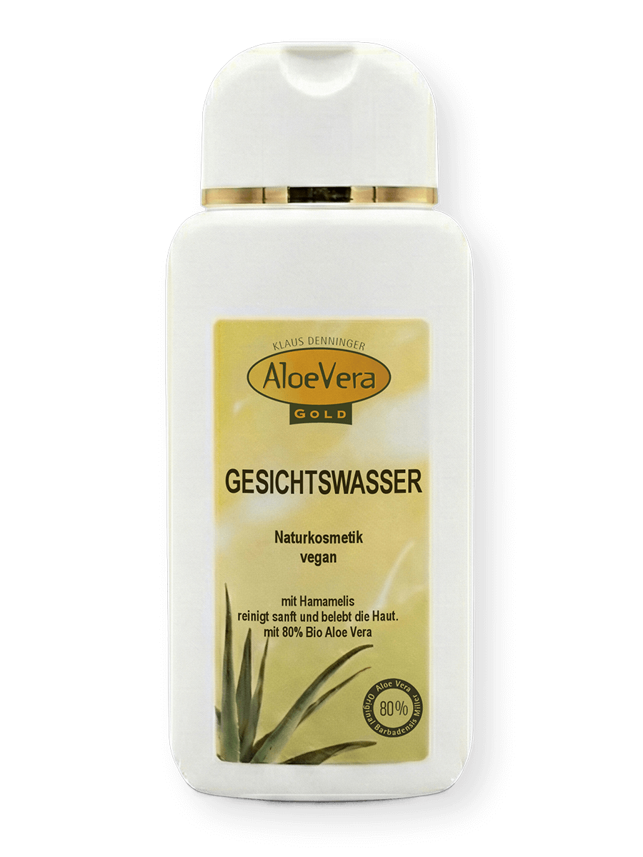 Flasche Aloe Vera Gold Gesichtswasser mit 80 Prozent Bio Pflanzensaft