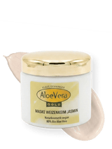 Tiegel der Aloe Vera Gold Creme Maske Weizenkeim Jasmin zur Gesichtsreinigung mit einem Cremestrich im Hintergrund