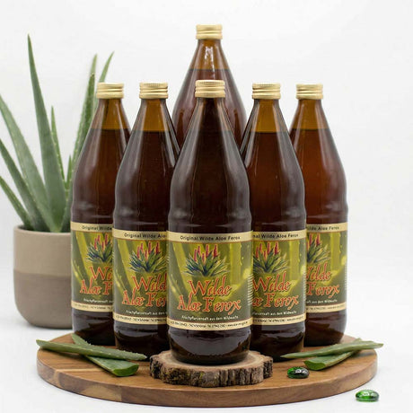 Ein Produktbild von 6 Aloe Vera Gold Trinkgel Wilde Aloe Ferox Flaschen