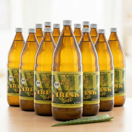 Ein Produktbild von 13 Aloe Vera Gold Trinkgel Natur Flaschen