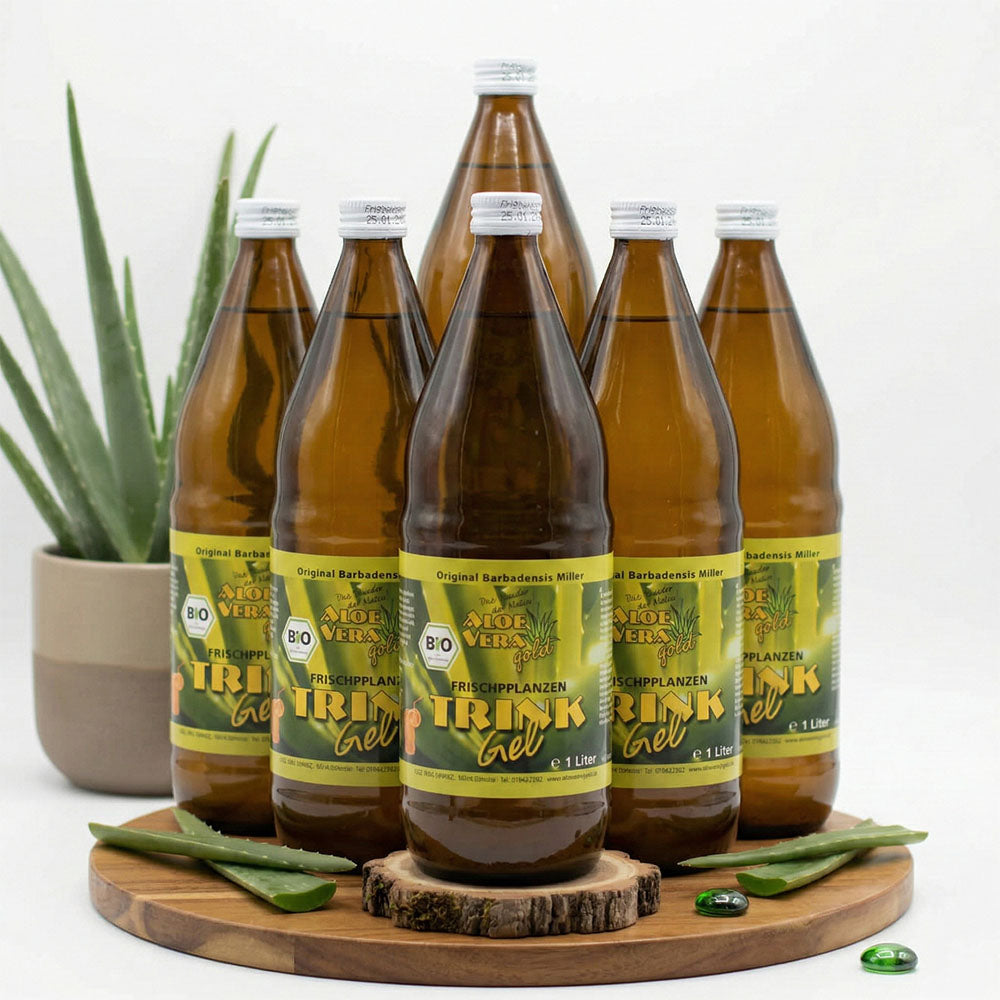 Ein Produktbild von 6 Aloe Vera Gold Trinkgel Natur Flaschen