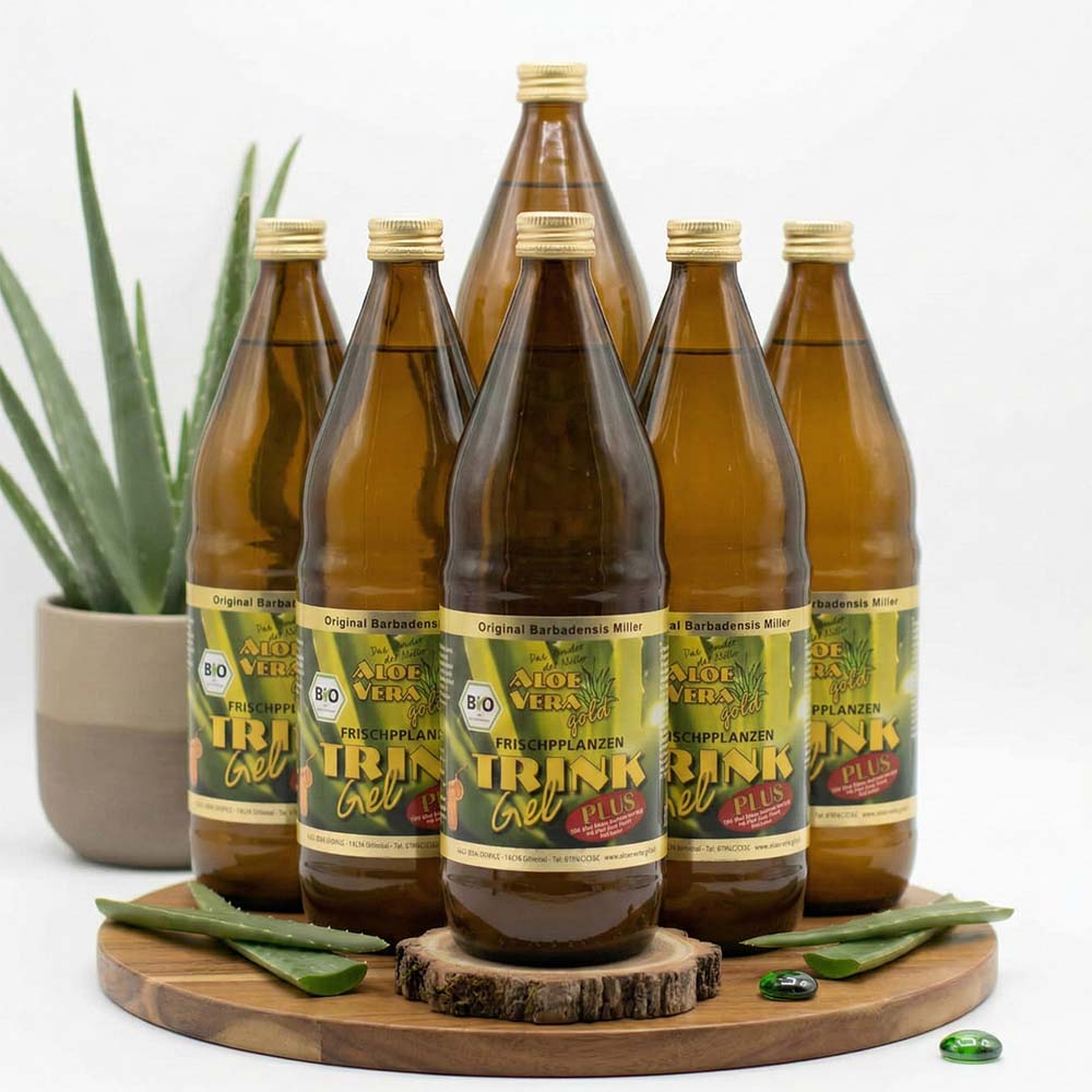 Ein Produktbild von 6 Aloe Vera Gold Trinkgel PLUS Flaschen