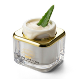 Alvego Lift und Care High Tech Anti Aging Tagespflege im eleganten Tiegel. Ein Aloe Vera Blatt ist in den geöffneten Tiegel gesteckt