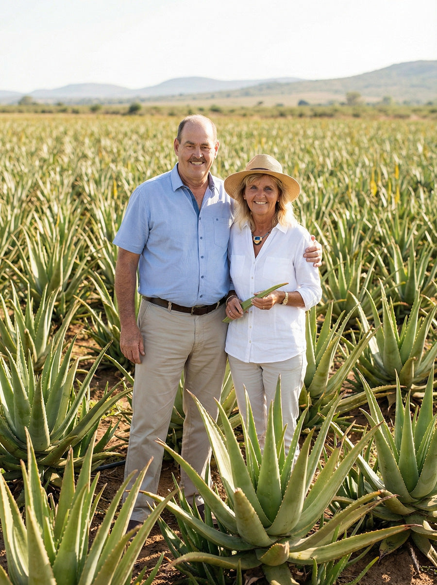 Helga und Klaus Denninger stehen in einem Feld voller Aloe Vera Pflanzen und lächeln in die Kamera 