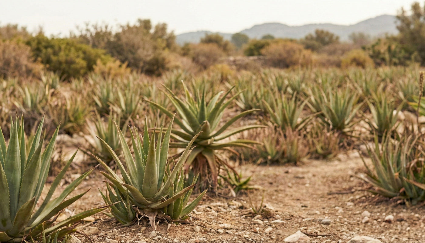 Eine wilde Landschaft mit Aloe Vera Pflanzen