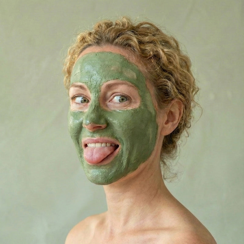 Lächelndes Model trägt eine Aloe Vera Gold Crememaske und streckt frech die Zunge heraus