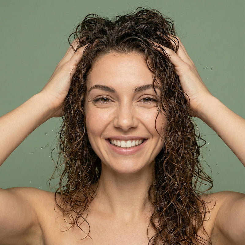 Lächelndes Model massiert Aloe Vera Gold Haarkur in ihre lockigen Haare ein