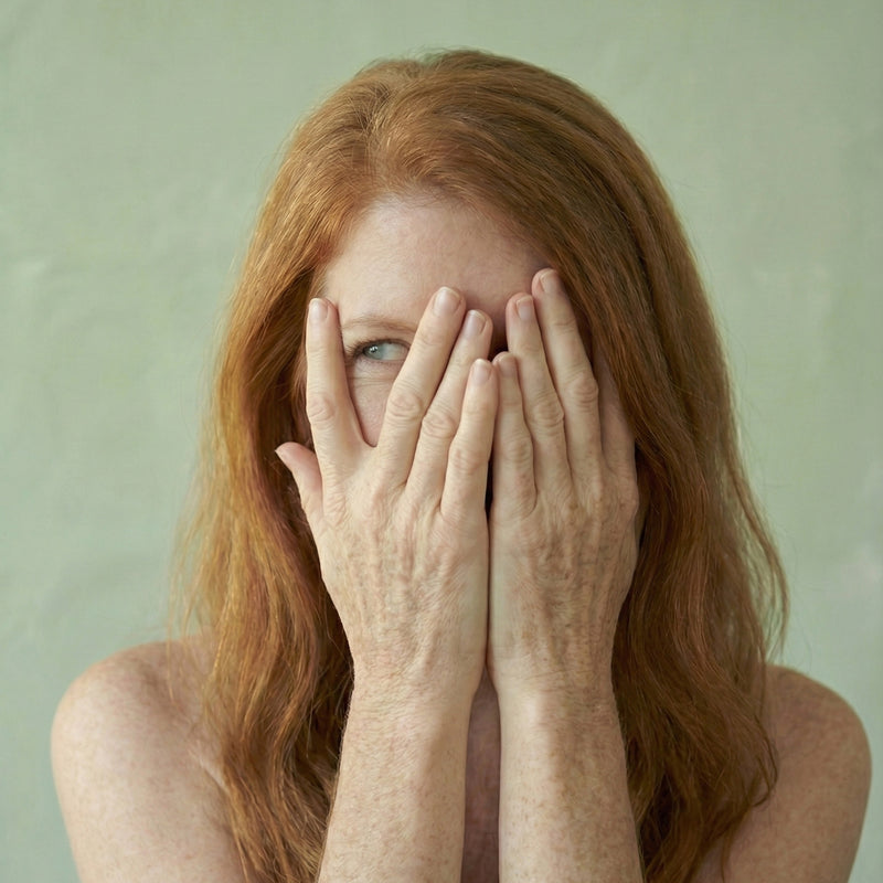 Model hält sich die Hände vor das Gesicht und schaut mit einem Auge durch die geöffneten Finger