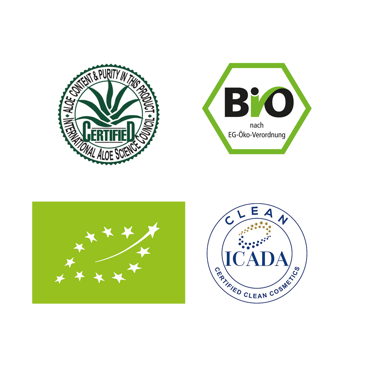 Eine Komposition der Siegel die die Firma Aloe Vera Service trägt. Darunter sind IASC-Siegel BIO-Siegel und ICADA-Clean-Siegel